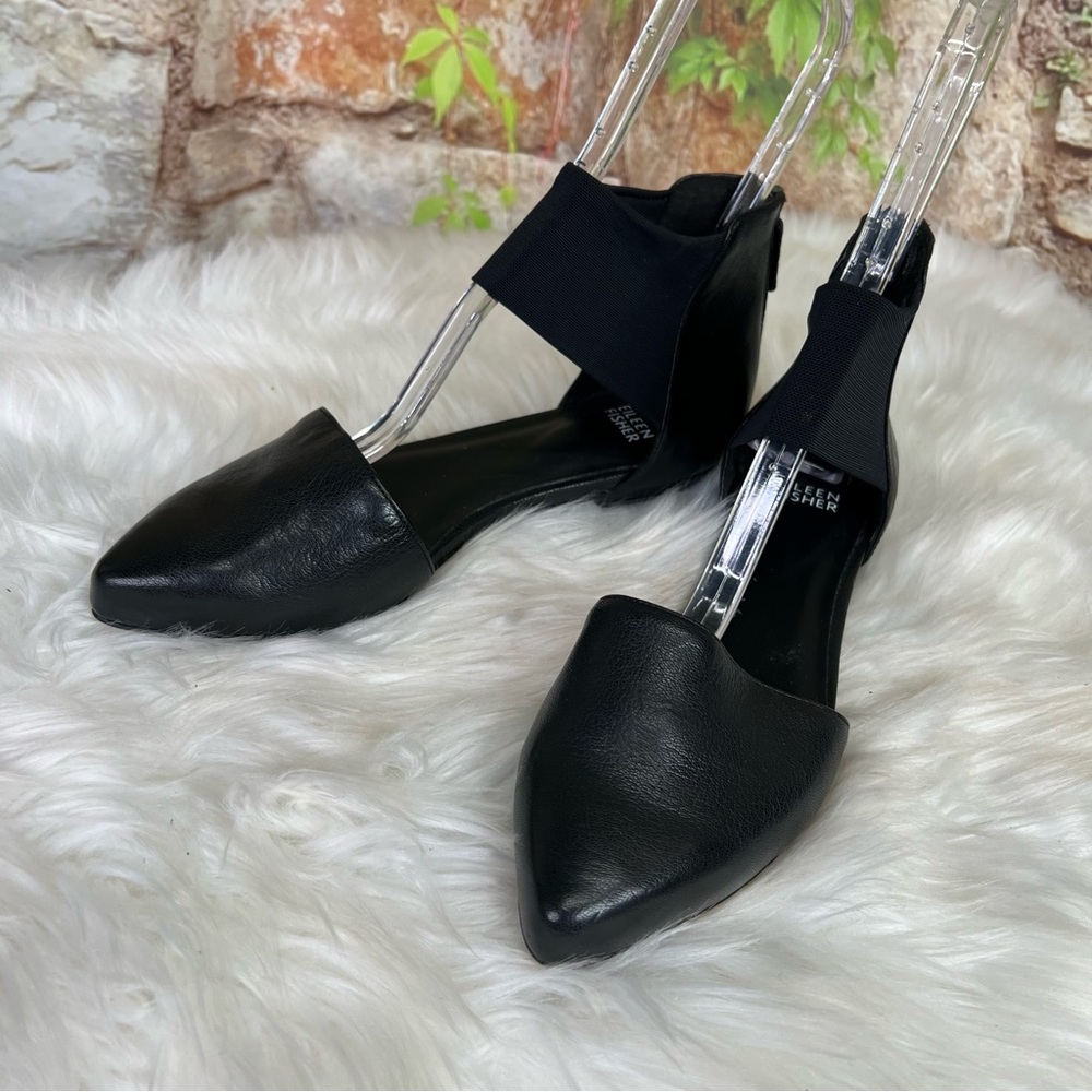 EILEEN FISHER Black Leather Pointed Toe Flats with Elasticized Ankle Strap, 8.5 - Picture 3 of 10